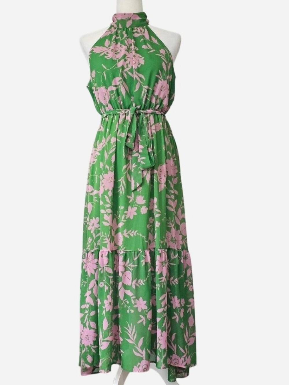 SCOOP Women's Green & Pink Floral Halter Top Midi Dress. Size M